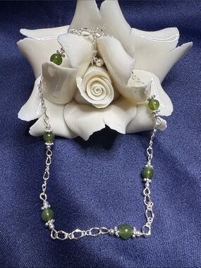 Ankle Bracelet Sterling Silver Green Cats Eye and Silver Bead Accents